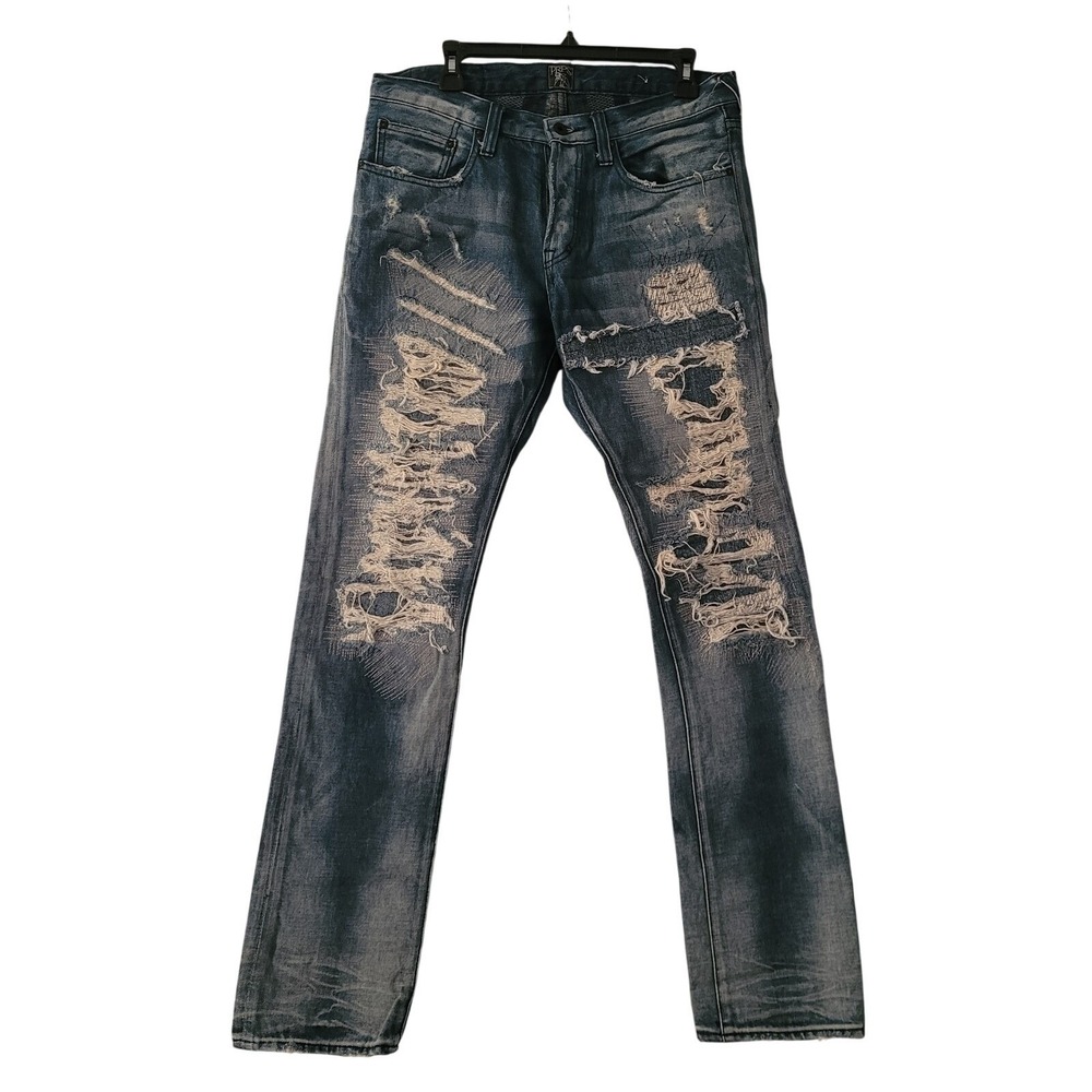 PRPS‎ Demon Distressed Slim Fit Jeans Sz 32x34 Indigo Cotton Button Fly Ripped